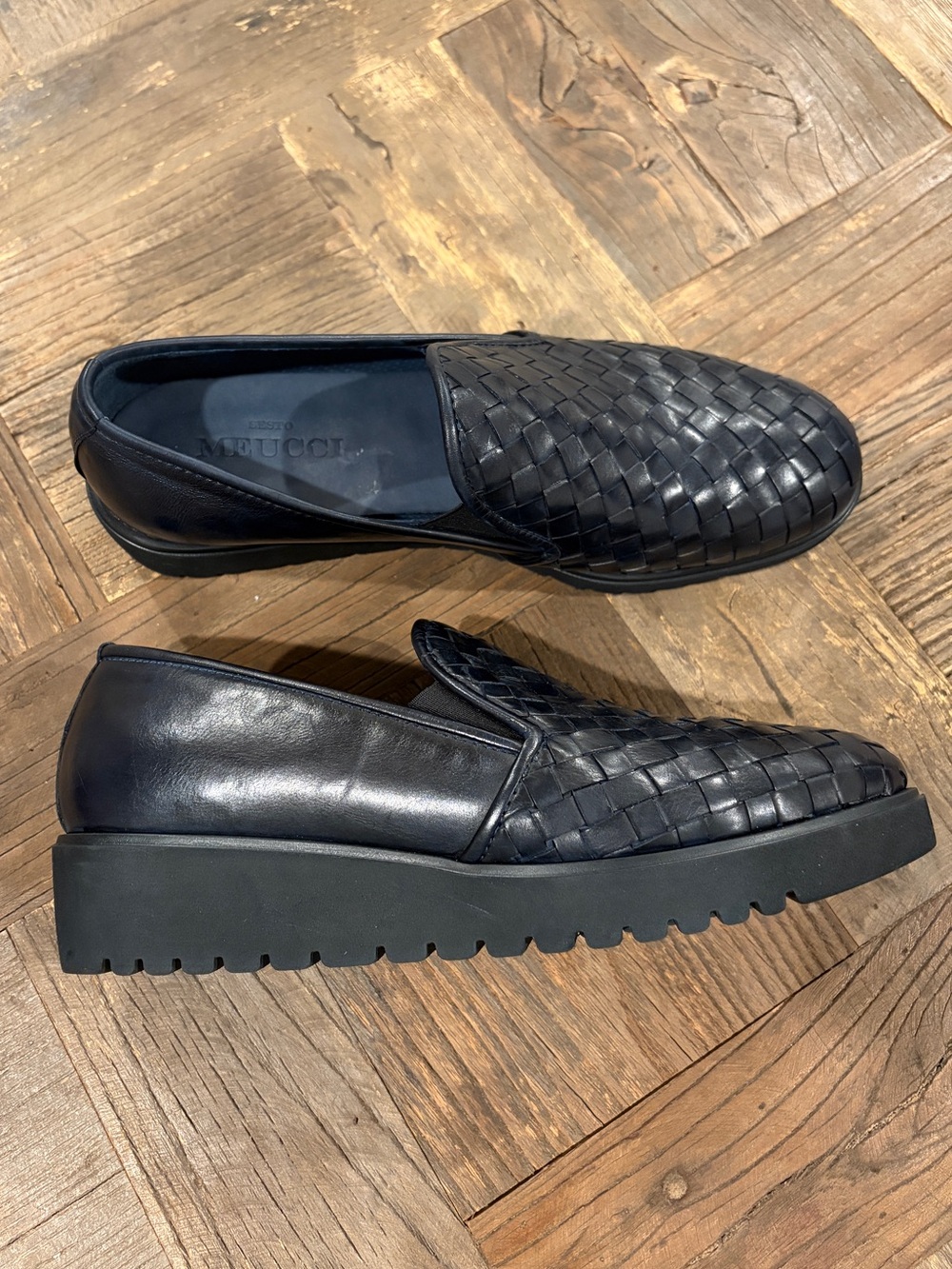 Sesto Meucci Black Woven Leather Platform Loafers Size 7M - Made in Italy